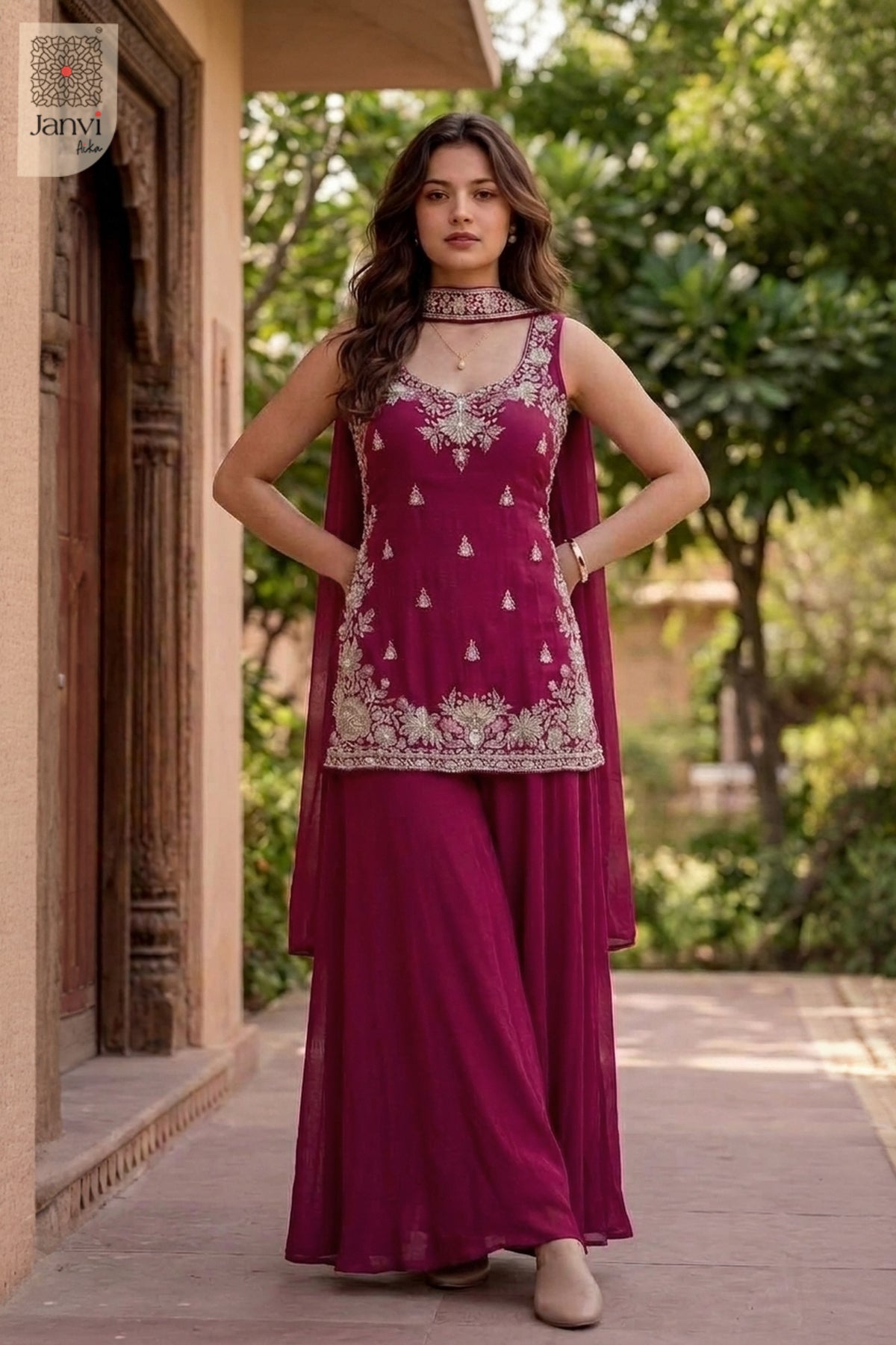 Fuchsia Frame Sharara Set