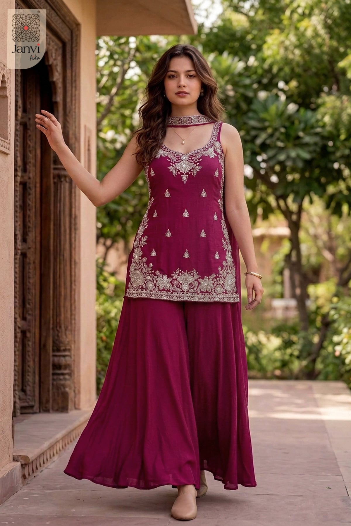 Fuchsia Frame Sharara Set