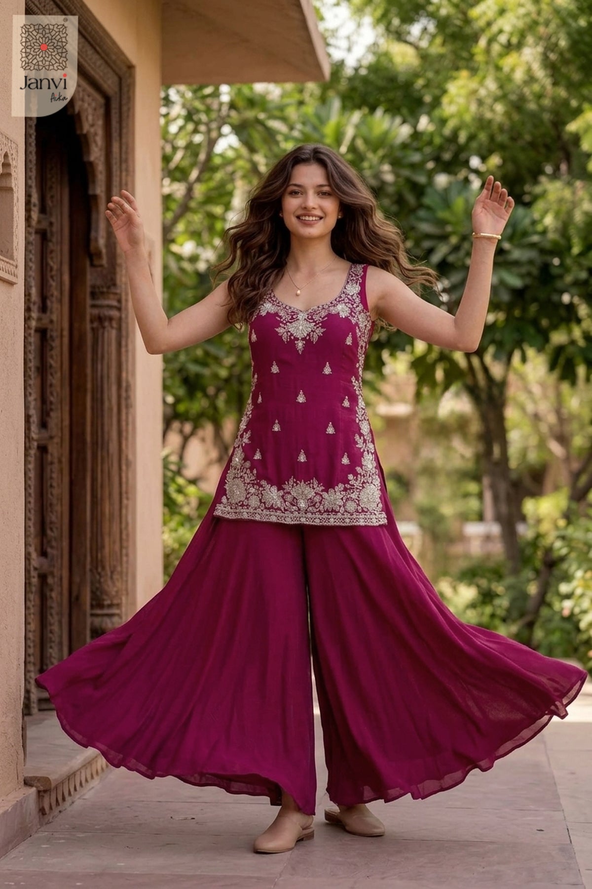 Fuchsia Frame Sharara Set