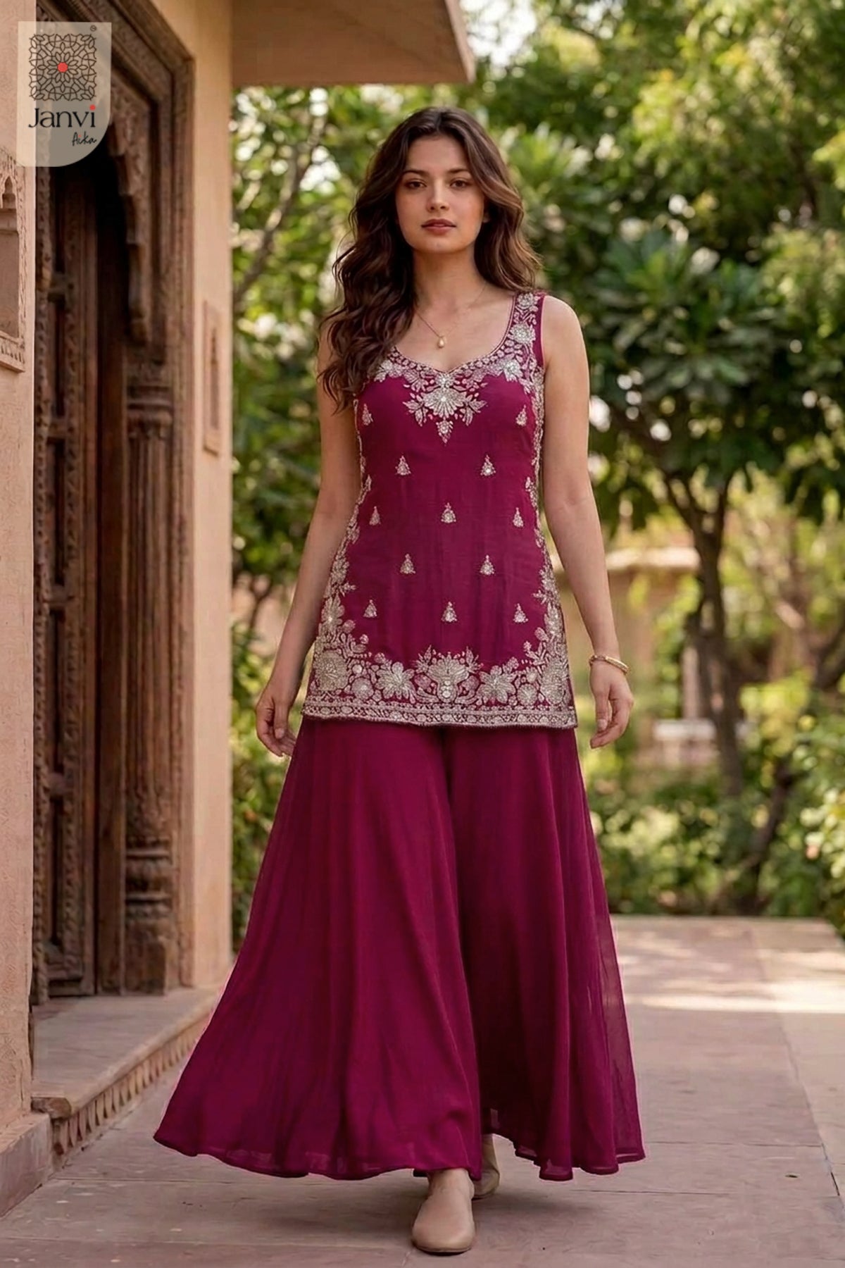 Fuchsia Frame Sharara Set