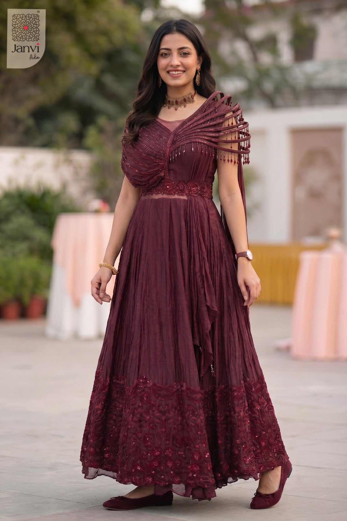 Radiate elegance in this front full view of maroon georgette formal wear dresses online.