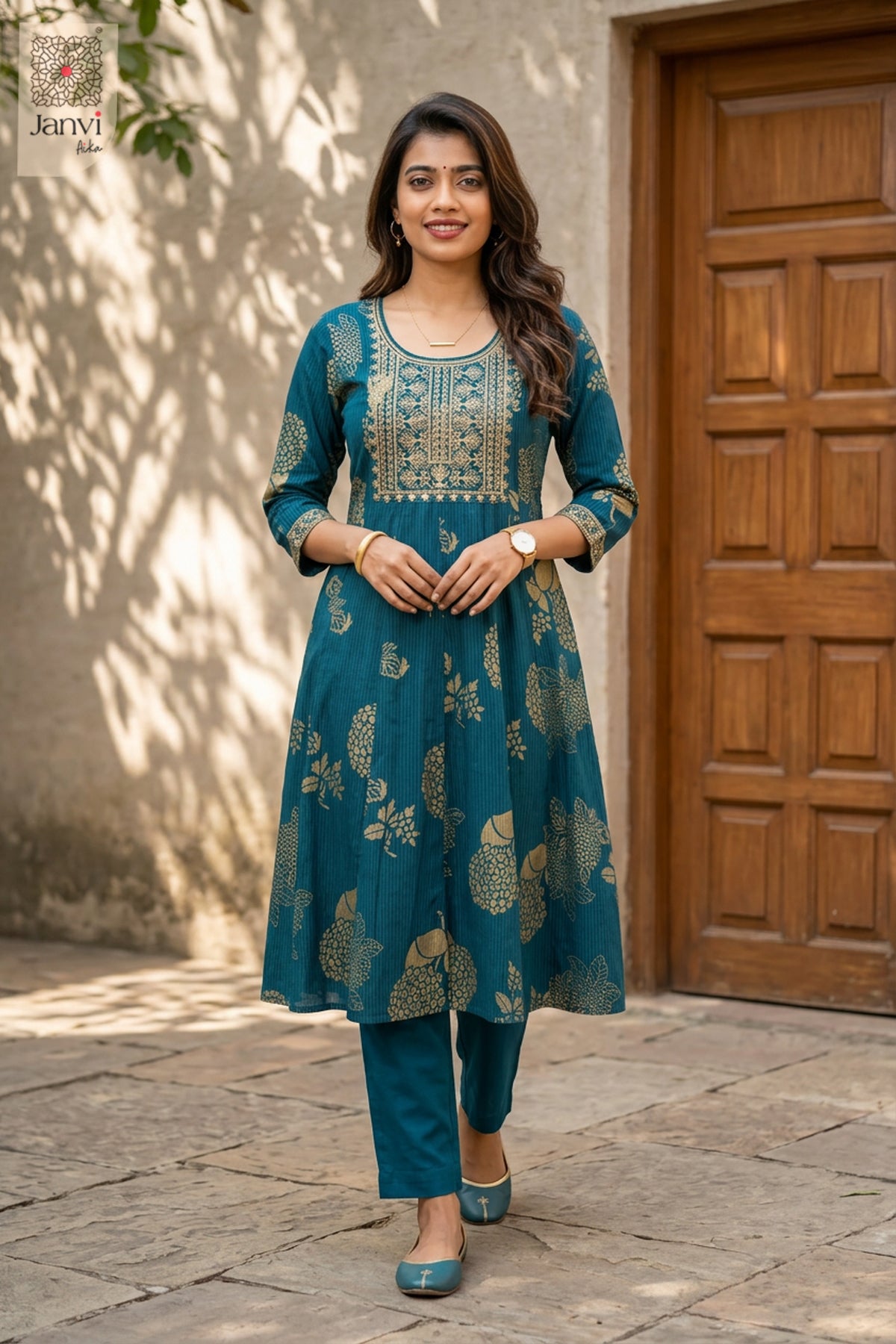 Side profile view of Gilded Azure showcasing design for indian party wear dresses for women.