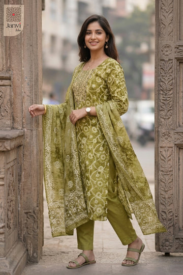 Side profile view of Golden Batik showcasing design for indian party wear dress for ladies.