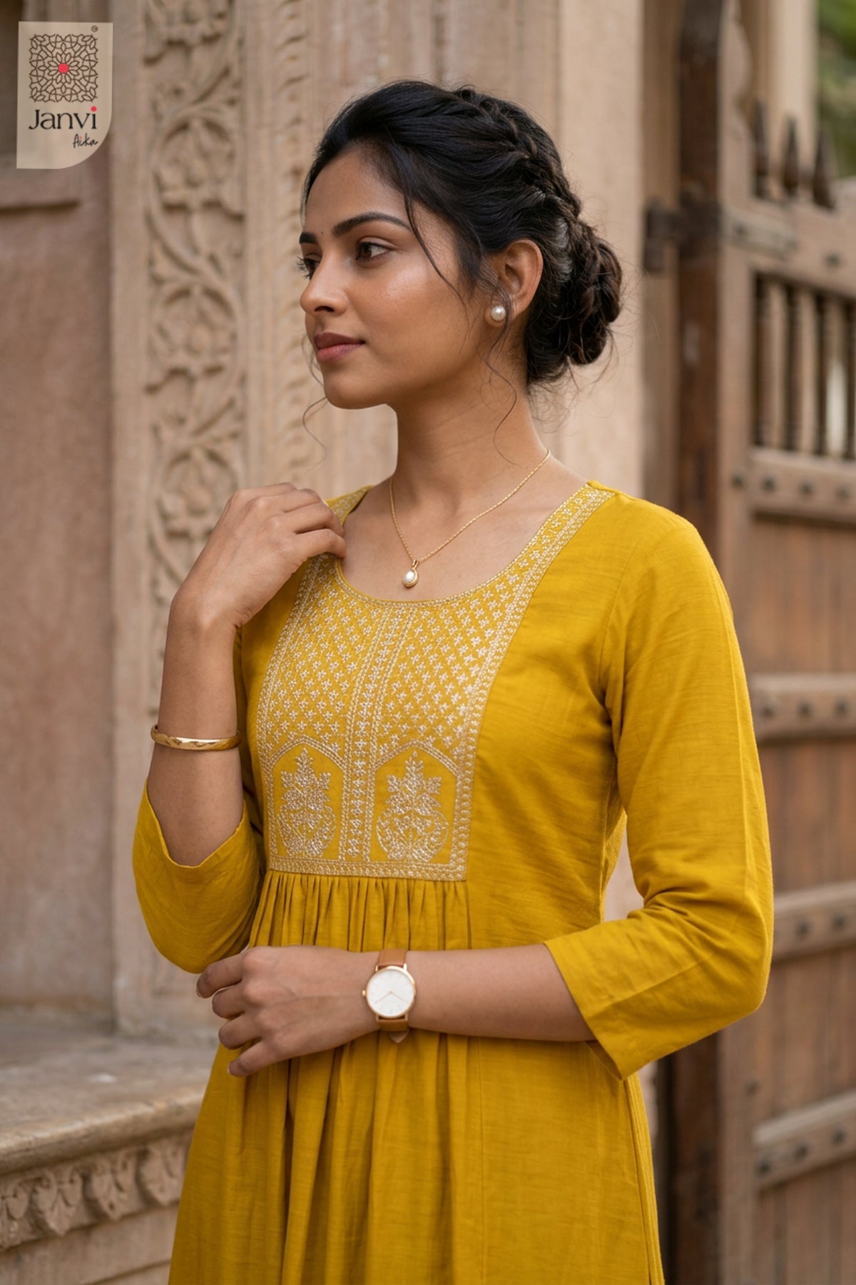Close-up of bodice and embroidery of Golden Charm Top for beautiful party dresses for ladies.