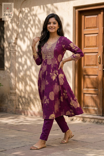 Front full view of Grape Leaf Glam showcasing style for indian party wear dress for ladies.
