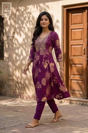 Side profile view of Grape Leaf Glam showcasing design for indo western party wear for ladies.