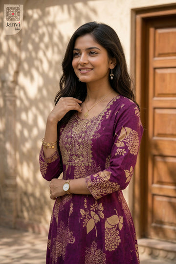 Front angled view of the flared silhouette of Grape Leaf Glam for formal western dresses for ladies.