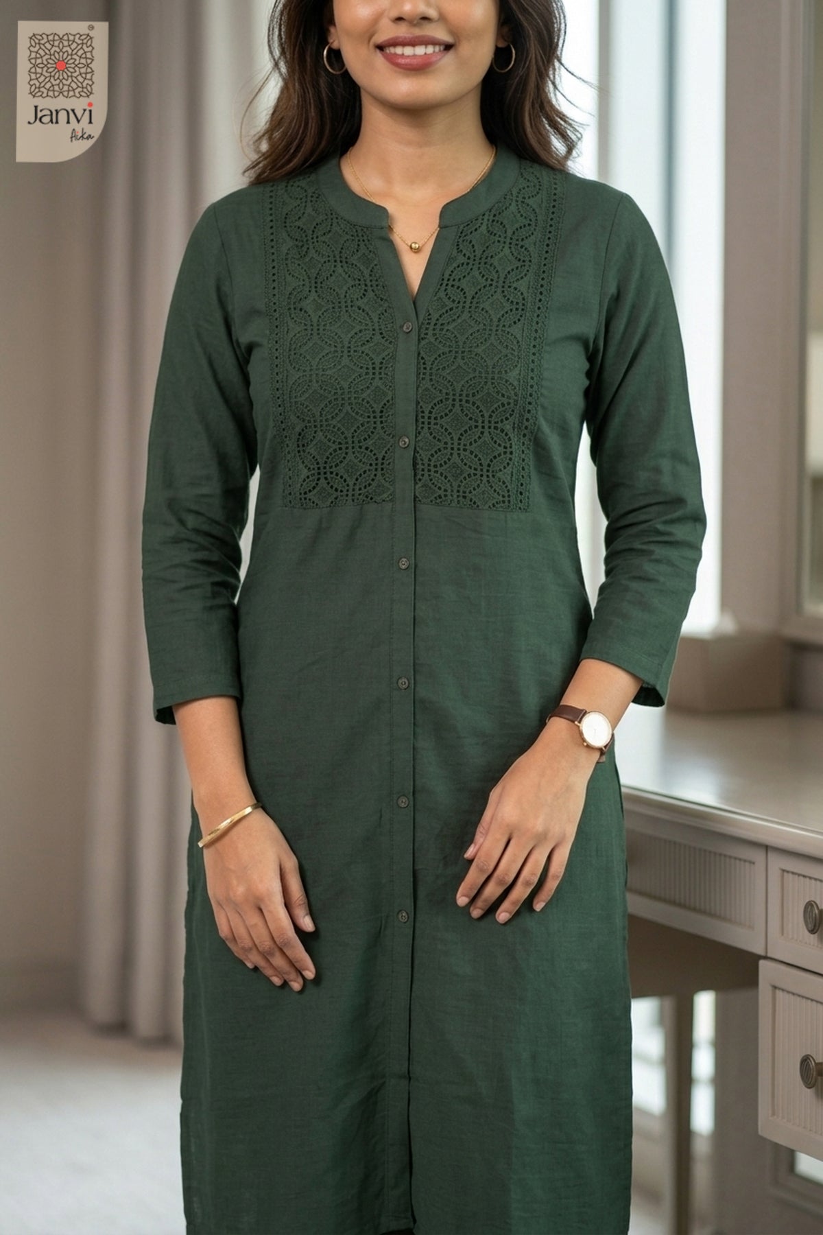 Close-up of Greeny Twinkle from the 2 piece outfits for ladies range showing tonal front embroidery.