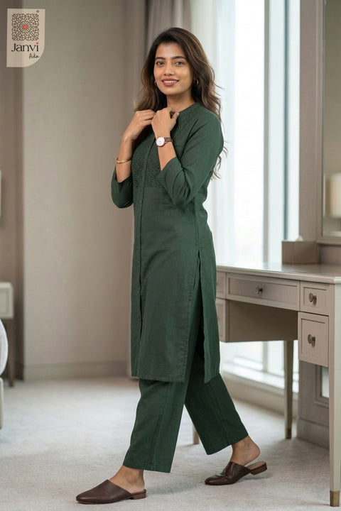 Side view of Greeny Twinkle from the 2 piece outfits for ladies range with elbow sleeves.