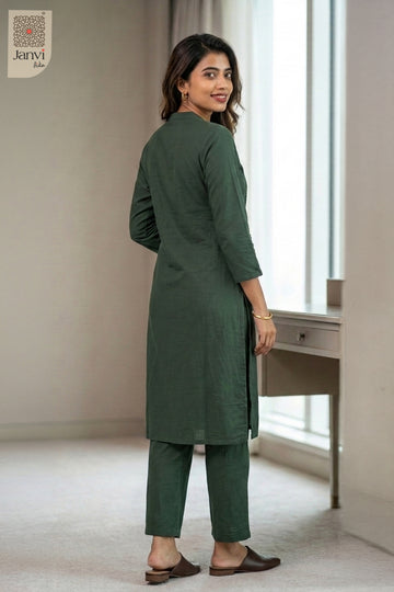 Back view of Greeny Twinkle in dark green mulmul cotton from the 2 piece outfits for ladies range.