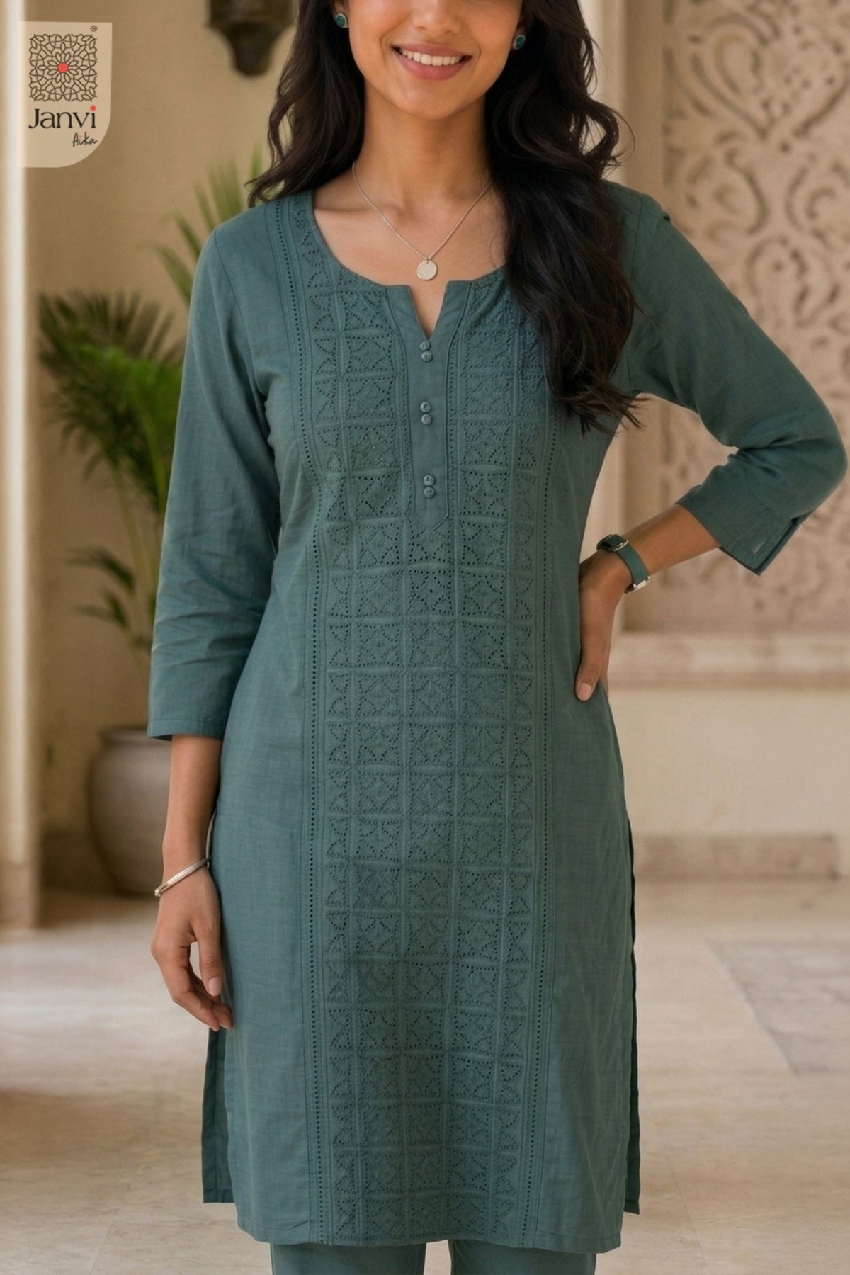 Front close-up of Greeny Vogue from the 2 piece outfits for ladies range and tonal embroidery.