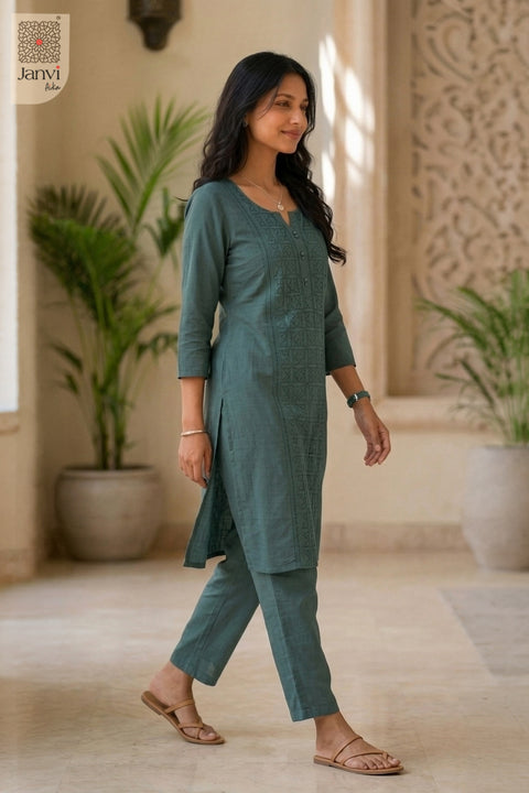 Walking pose of Greeny Vogue in light green from the 2 piece outfits for ladies collection.
