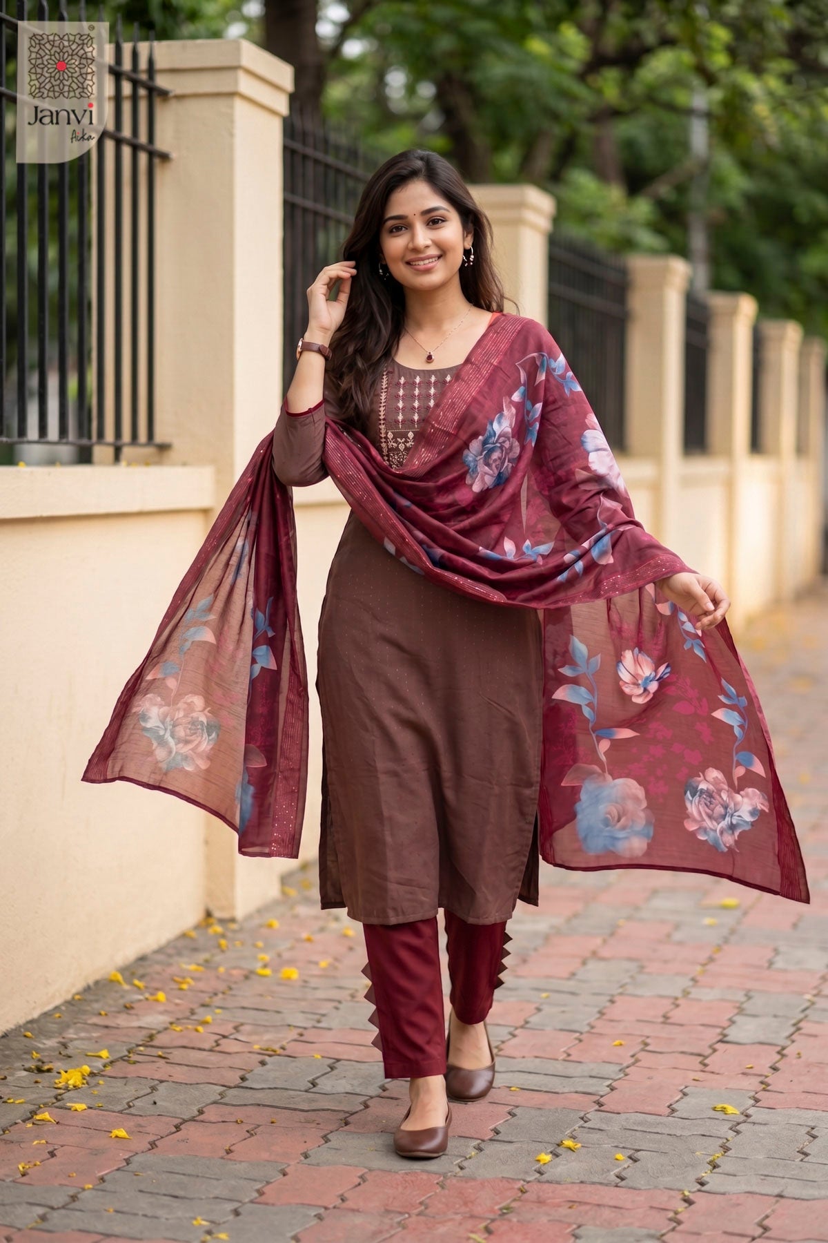 Front full view of Gulnaar Brown Elegance showcasing style for choli online shopping with price.
