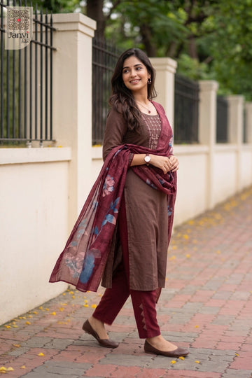 Side profile view of Gulnaar Brown Elegance showcasing design for women's clothing online shopping.