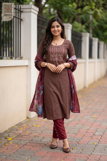 Waist-up front view of Gulnaar Brown Elegance presenting style for silk traditional dress for women.