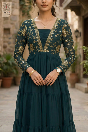 Front angled view of the flared silhouette of Gulzar Teal for beautiful party dresses for ladies.