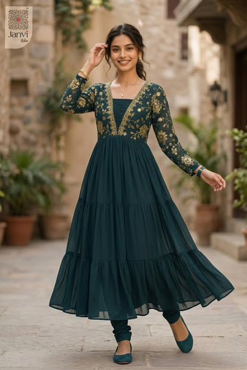 Front full view of Gulzar Teal Grace showcasing style for simple party wear dress for ladies.