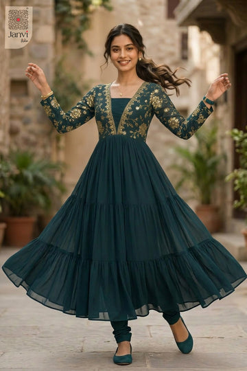 Side profile view of Gulzar Teal Grace showcasing design for indian party wear dress for ladies.