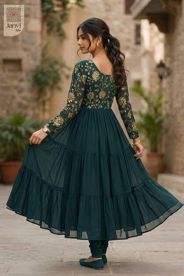 Close-up of bodice and embroidery of Gulzar Teal Grace for indo western party wear for ladies.