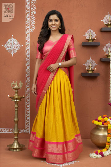 Front full standing shot of a half saree as a beautiful silk saree lehenga style.