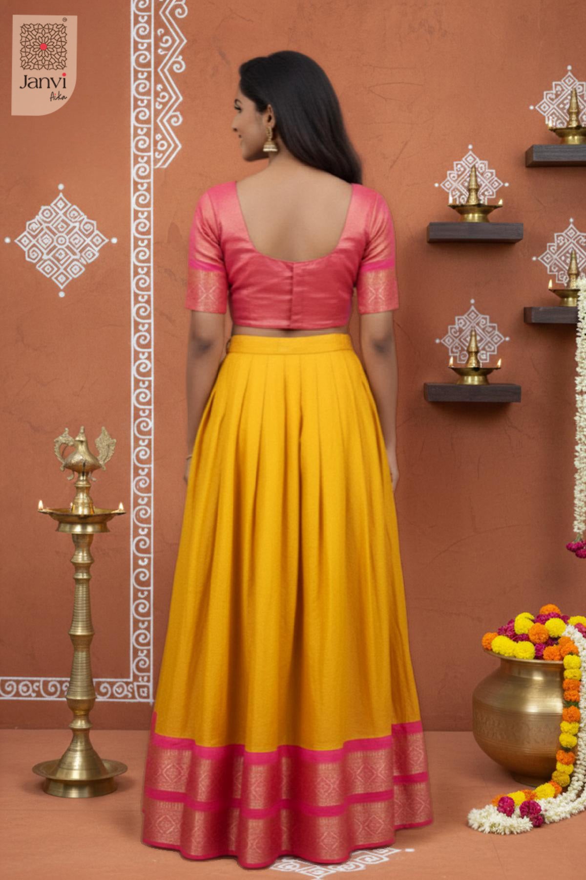 Rear full standing shot of a half saree as a beautiful saree ka lehenga for weddings.