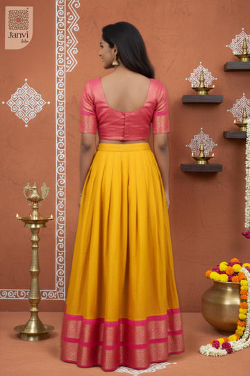 Rear full standing shot of a half saree as a beautiful saree ka lehenga for weddings.