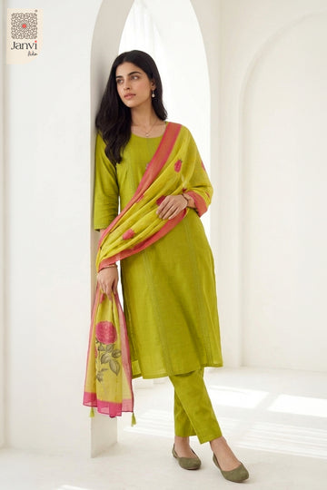 Poised three quarter standing pose in yellowish green festive churidar set readymade.