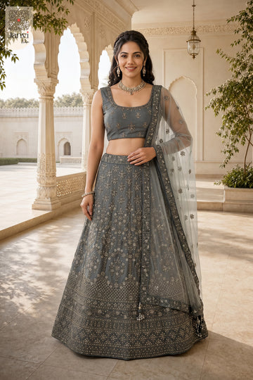 Elegant grey net women lehenga set featuring a detailed front full standing shot.