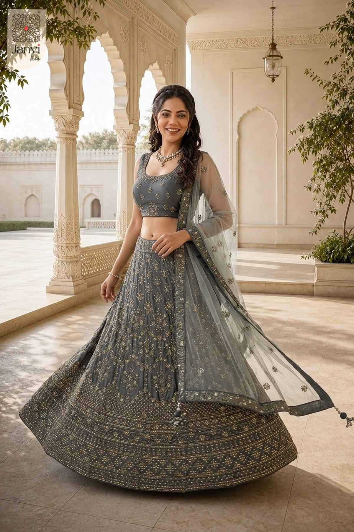 This front full standing shot showcases a gorgeous grey net gorgeous lehenga for weddings.