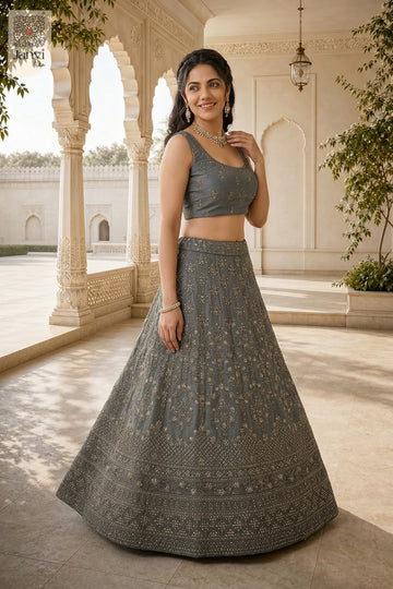 Stunning grey net indian wedding lehenga with an exquisite standing side profile shot.