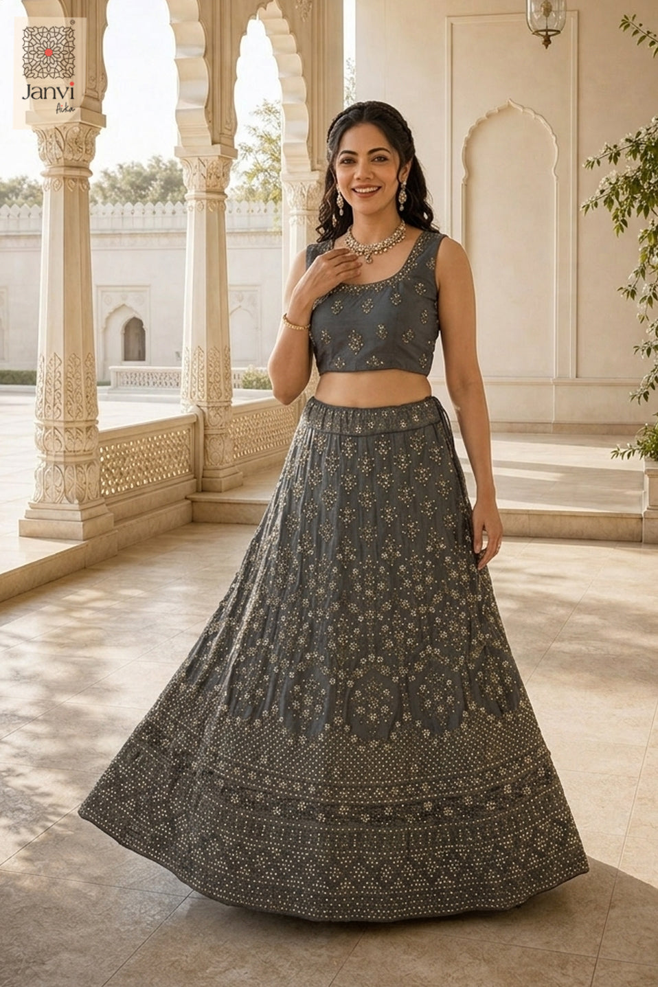 Charming dulhan lehenga design showing a lovely front full standing shot in a grey net style.