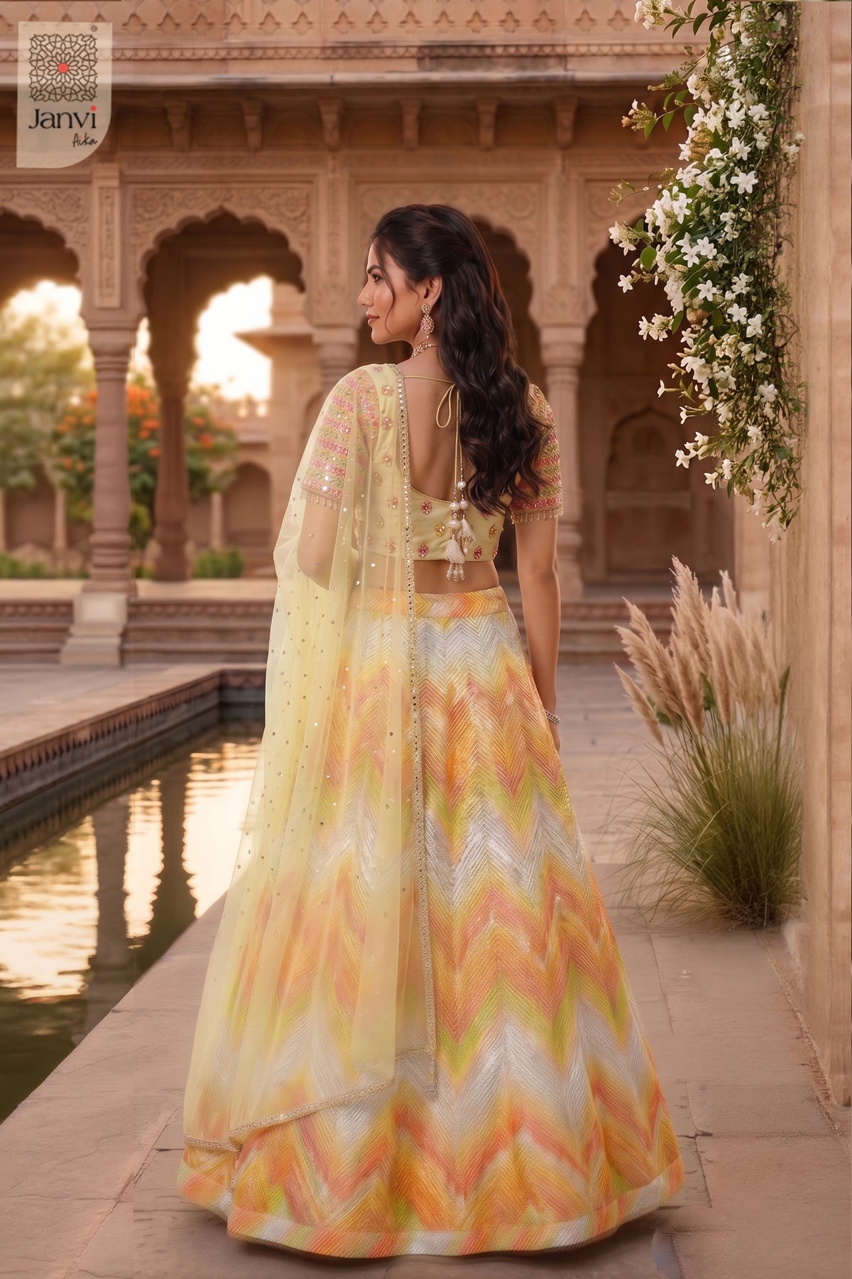 Rear full standing shot of a classic yellow/orange organza lehenga saree yellow design.