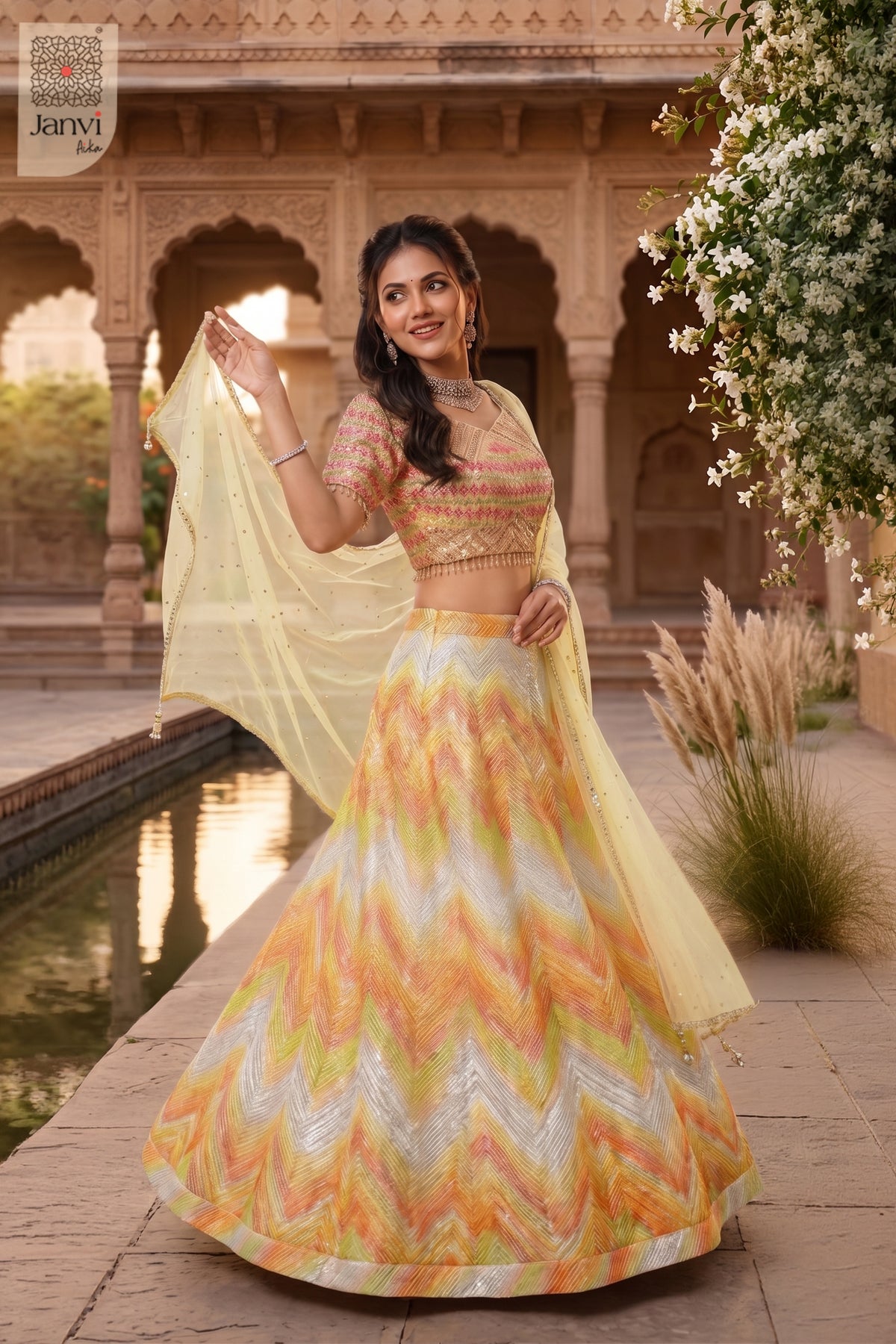 Stunning yellow/orange organza organza lehenga saree with an exquisite standing side profile shot.