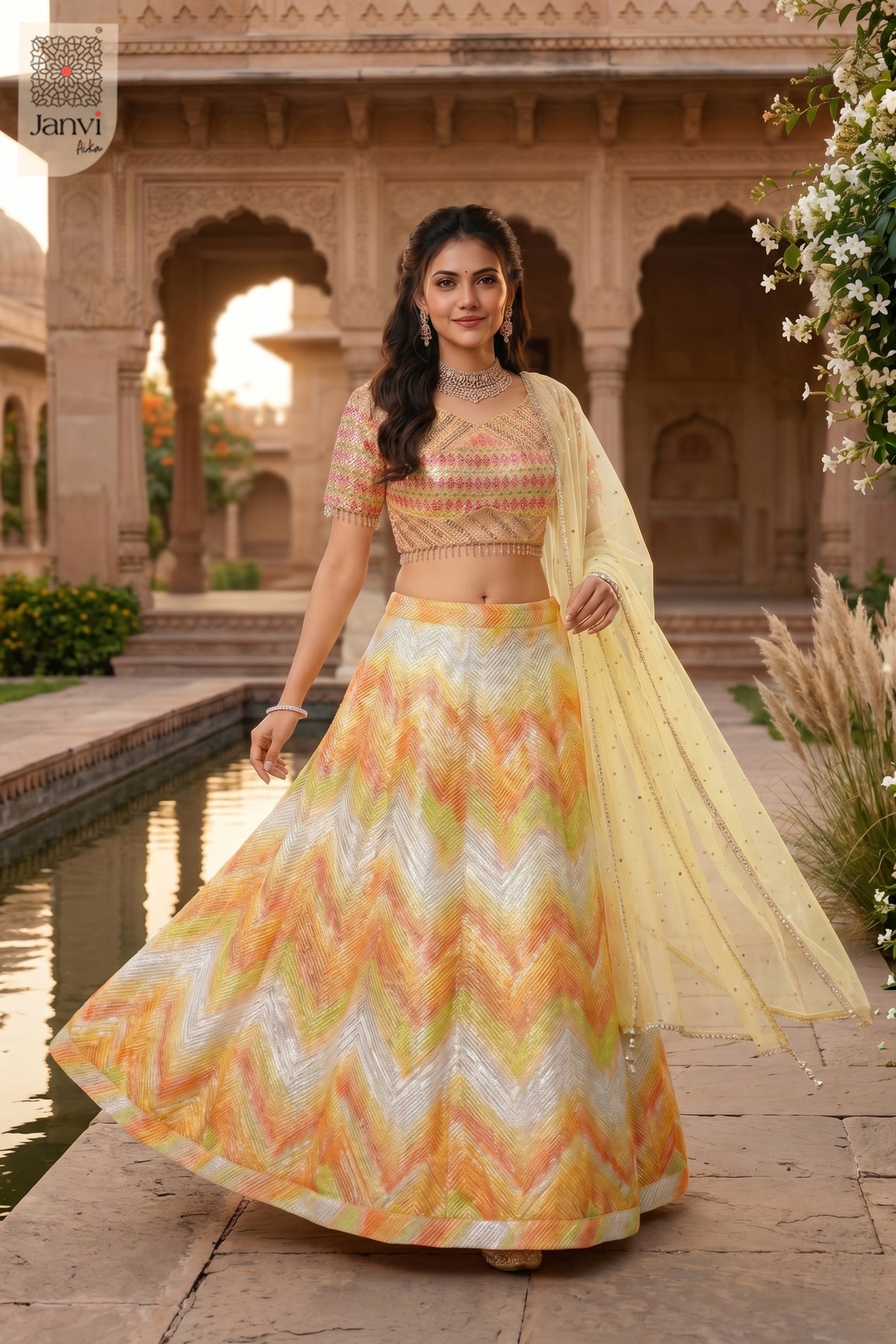 Front full standing shot of a classic yellow/orange organza orange yellow lehenga design.