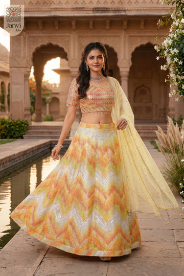 Front full standing shot of a classic yellow/orange organza orange yellow lehenga design.