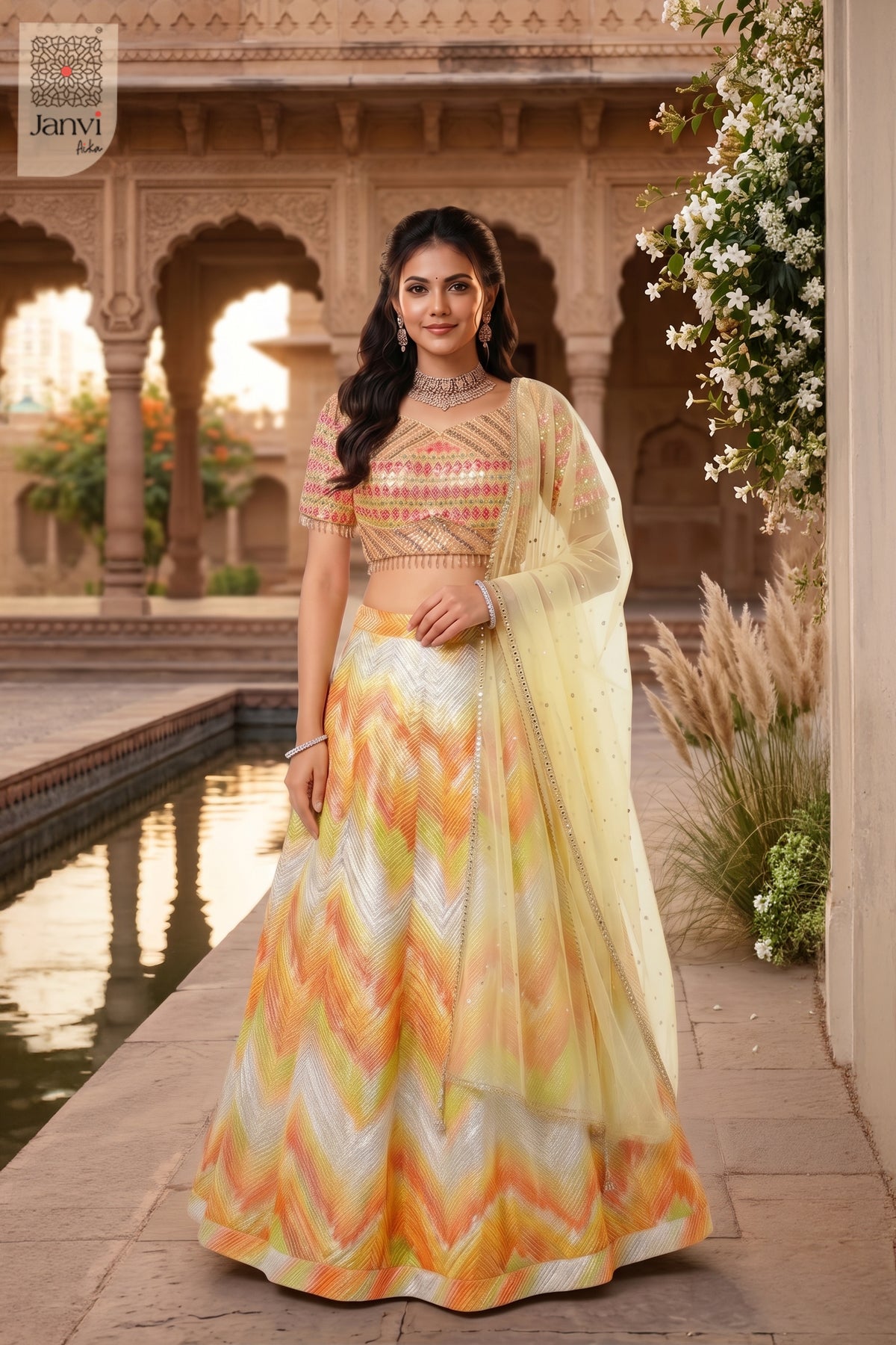 Elegant yellow/orange organza orange lehenga featuring a detailed front full standing shot.