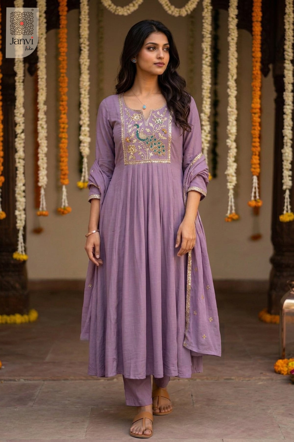 Heather Runway Peacock Embroidered Notch Neck Anarkali