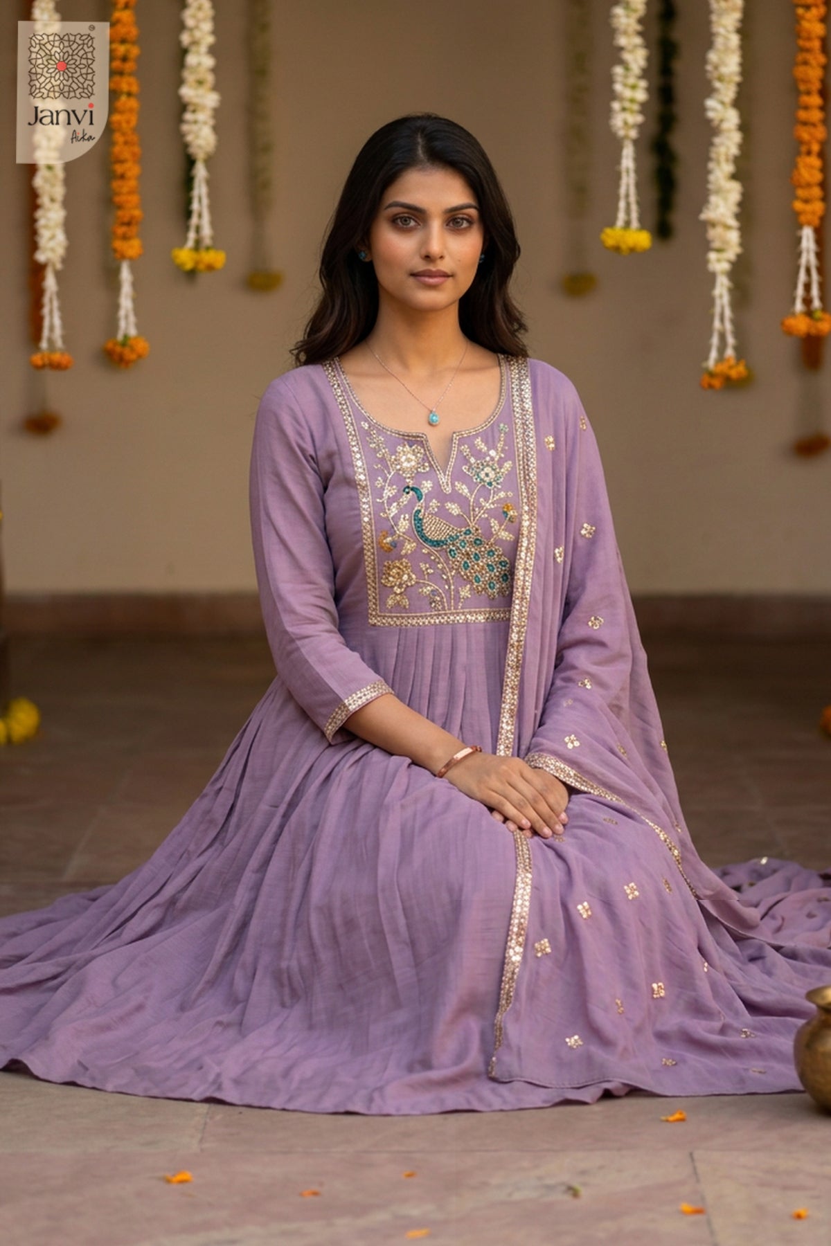 Heather Runway Peacock Embroidered Notch Neck Anarkali