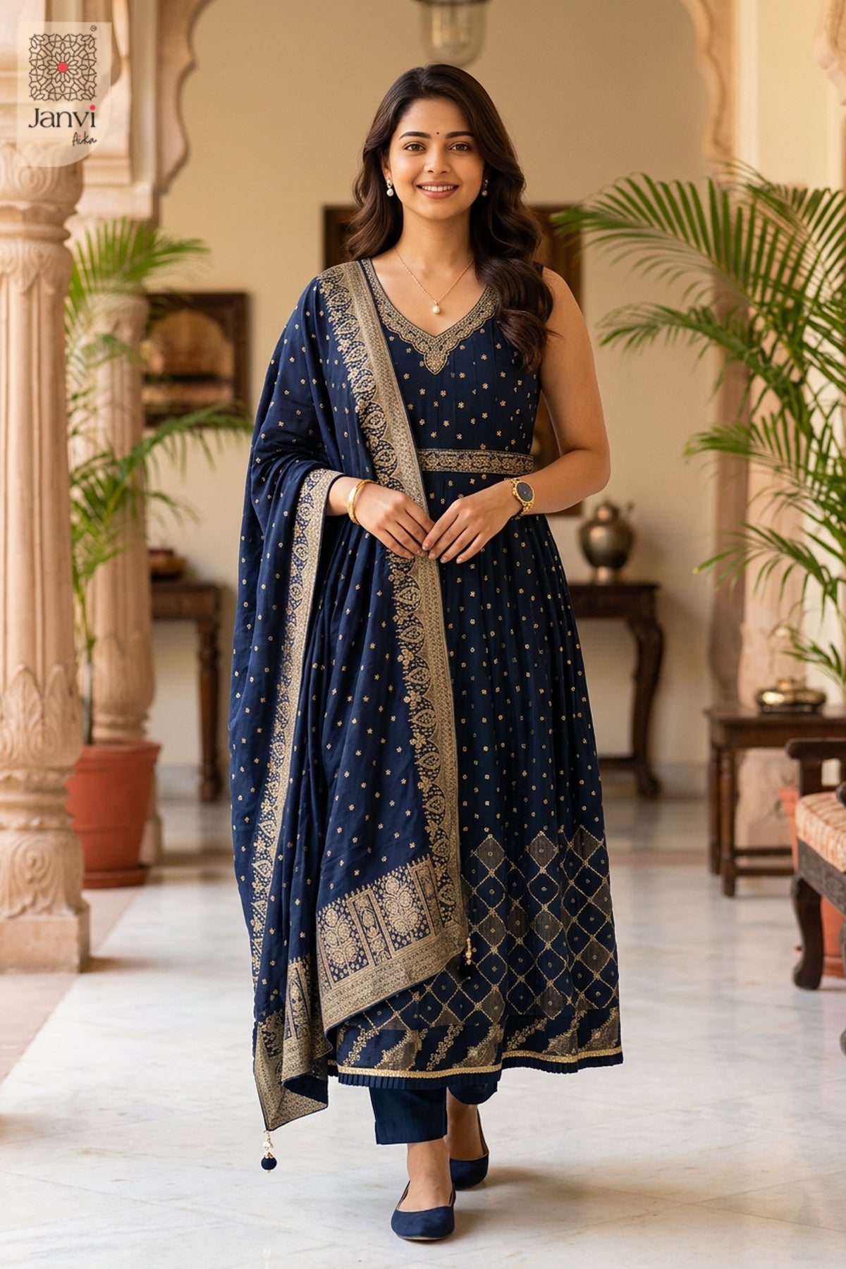 Front full view of Ira Midnight showcasing style for traditional navratri chaniya choli.