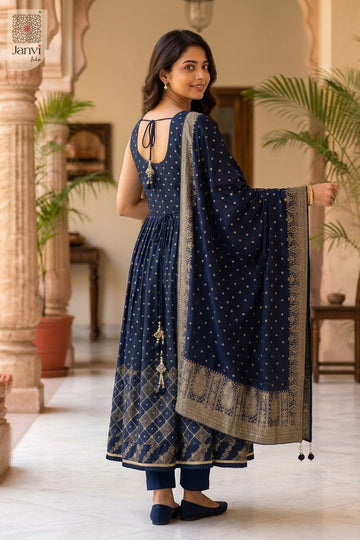 Back view showing neckline styling of Ira Midnight for indo western party wear for ladies.