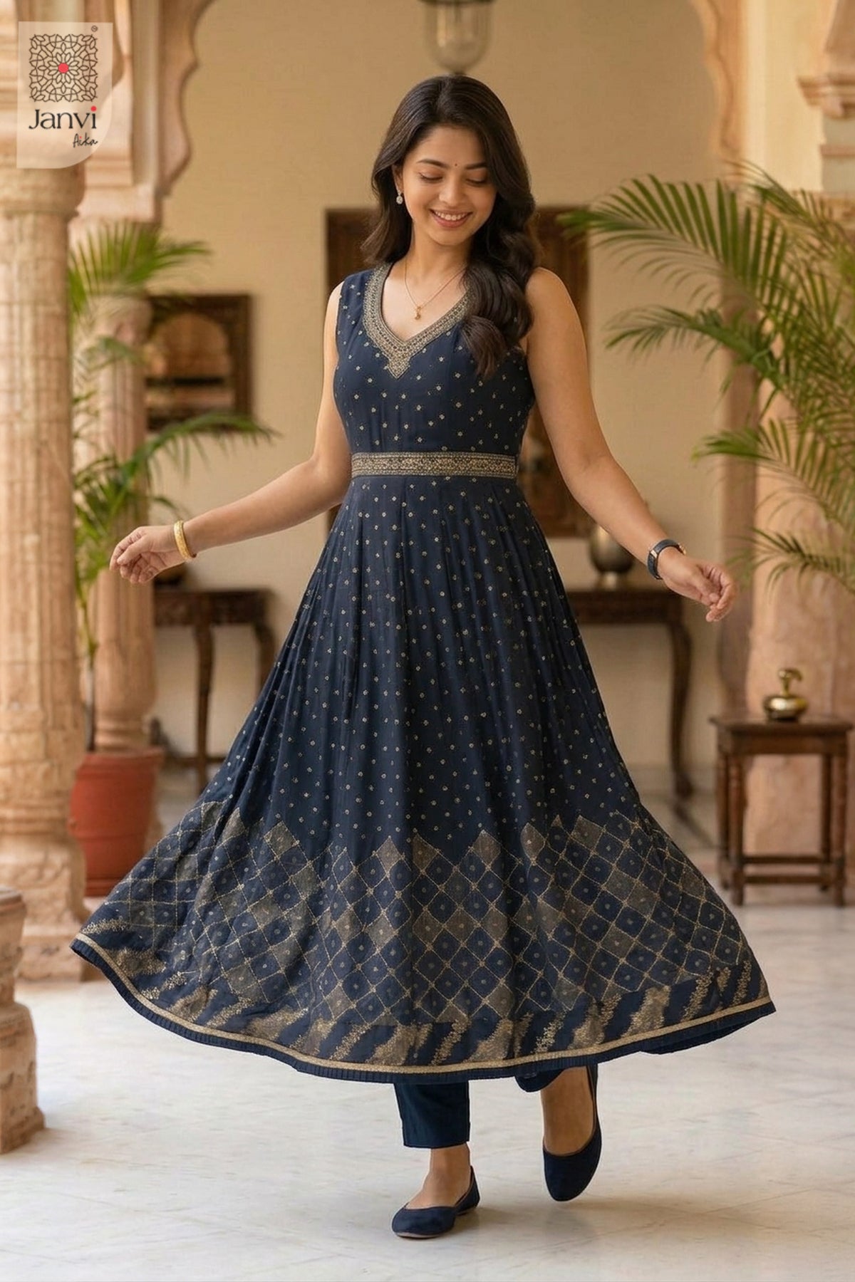 Close-up of bodice and embroidery of Ira Midnight for indian party wear dress for ladies.