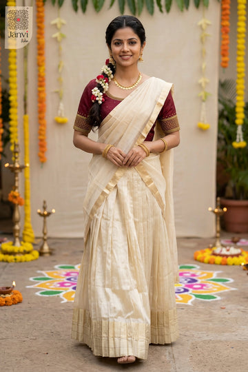 Front full standing shot of a half saree as a beautiful set saree lehenga for weddings.