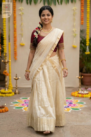 Front full standing shot of a half saree as a beautiful golden lehenga saree for weddings.