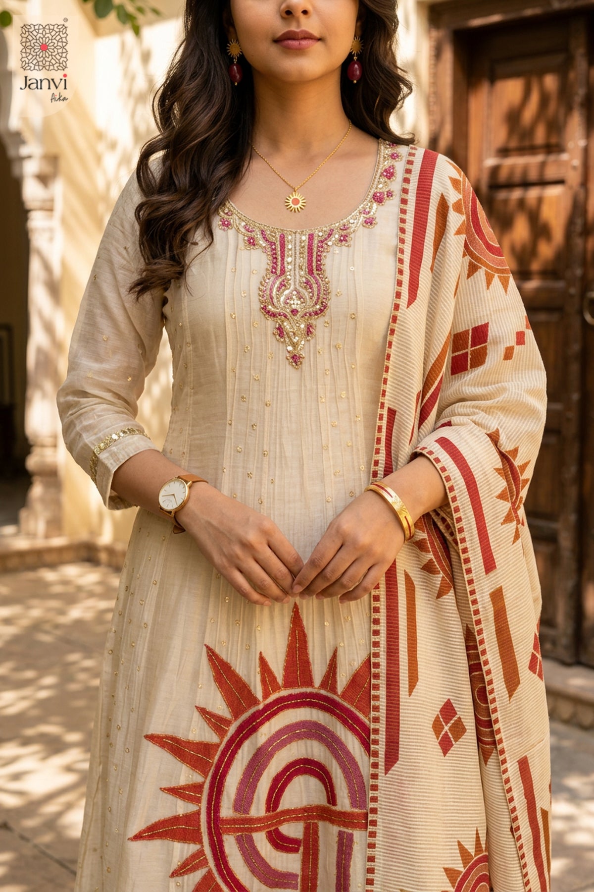 Back view showing neckline styling of Ivory Sunburst for women's fashion online shopping.