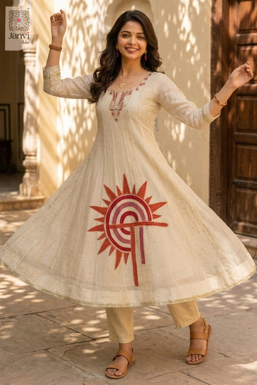 Close-up of bodice and embroidery of Ivory Sunburst for silk traditional dress for women.