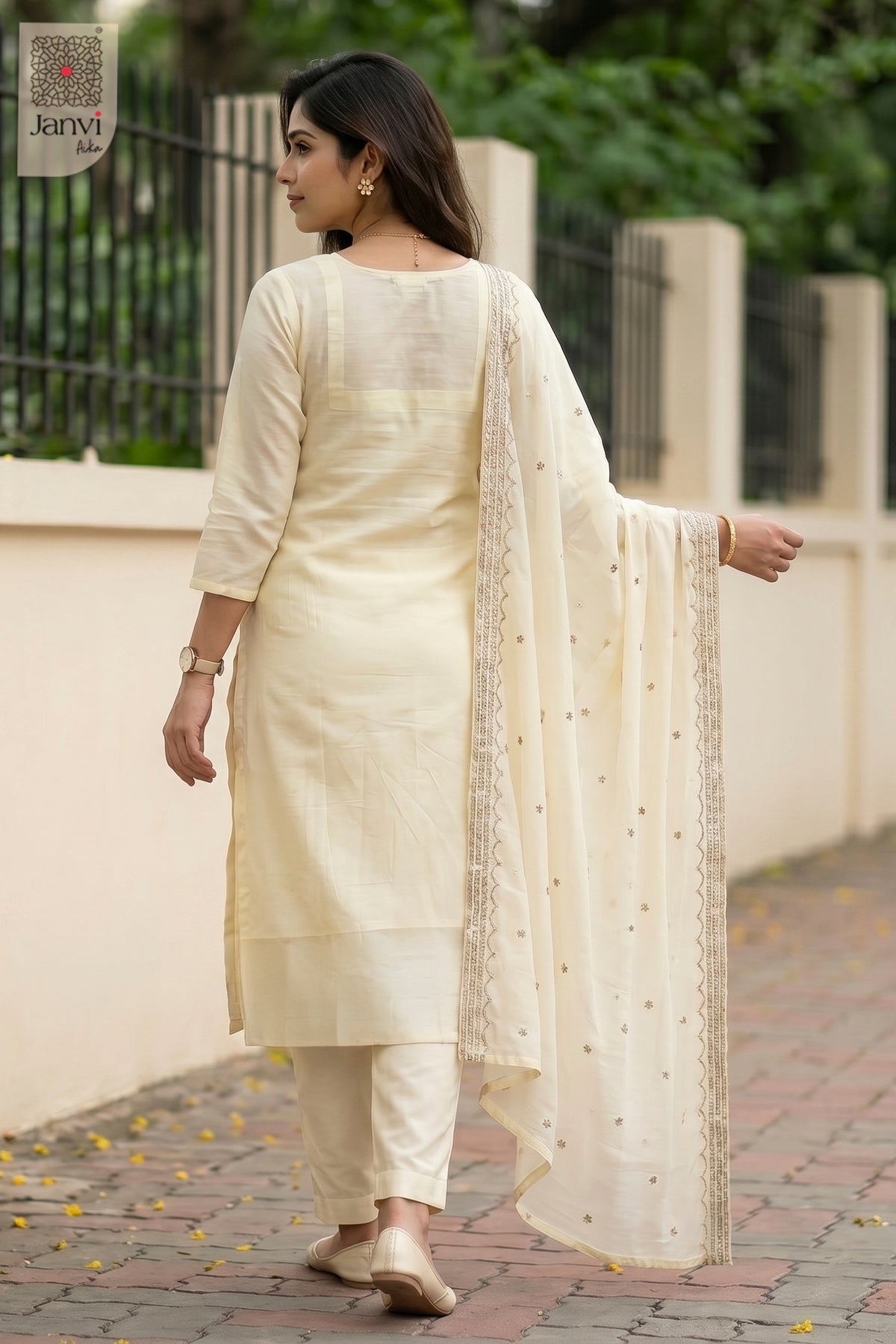 Back view showing neckline styling of Ivory Whisper for indo western party wear for ladies.
