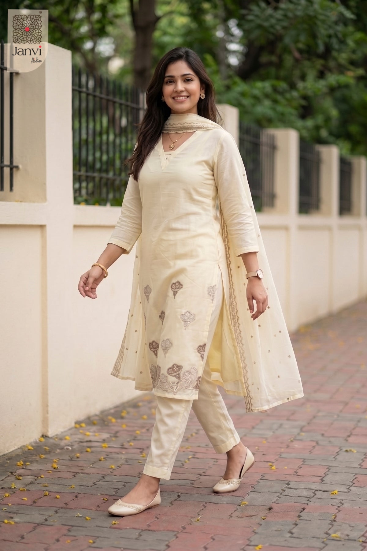 Waist-up front view of Ivory Whisper presenting style for beautiful party dresses for ladies.