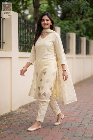 Waist-up front view of Ivory Whisper presenting style for beautiful party dresses for ladies.