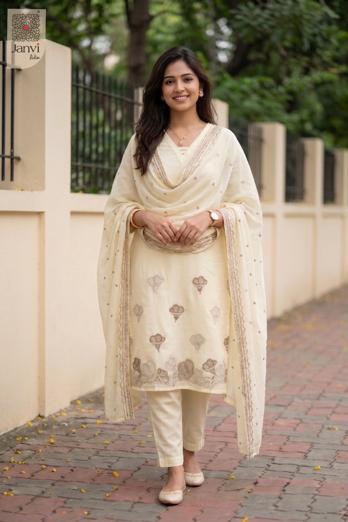 Front full view of Ivory Whisper showcasing style for traditional navratri chaniya choli.