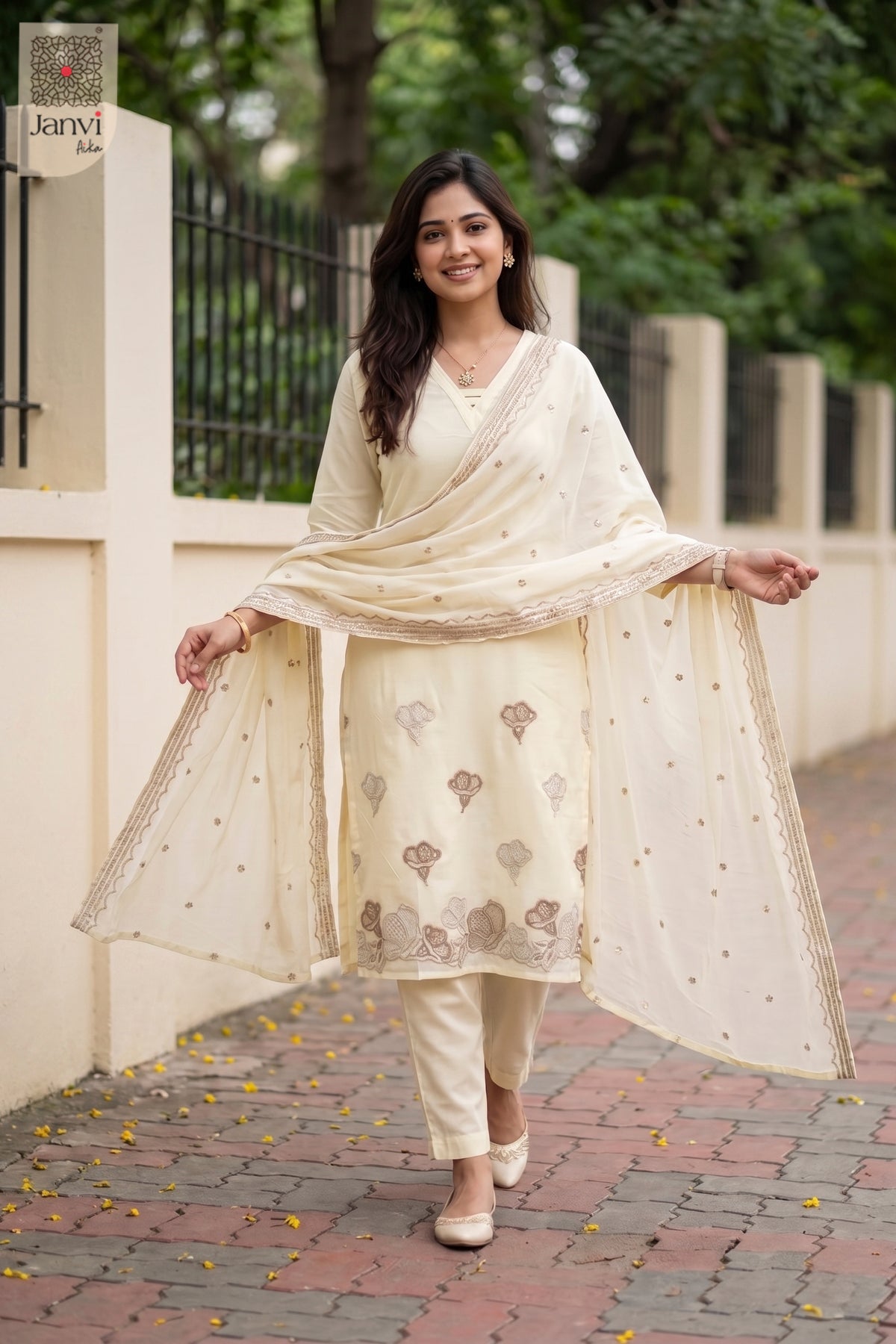 Front angled view of the flared silhouette of Ivory Whisper for women's black dresses with sleeves.
